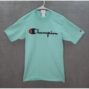 Vintage Champion Shirt Adult Small Blue Script Spell Out Graphic Grunge Y2K